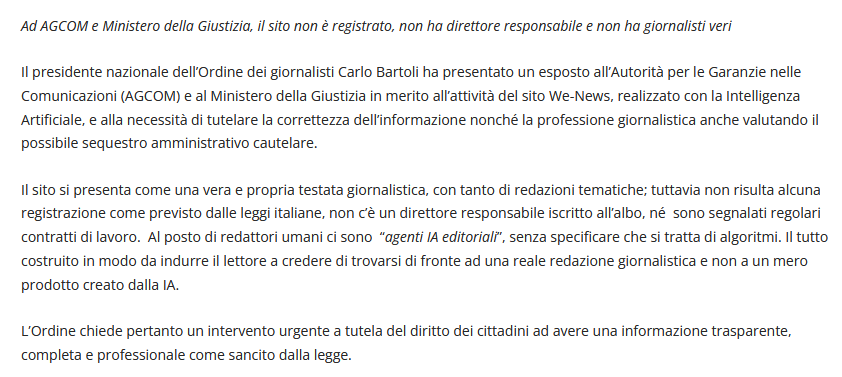 L'Ordine dei Giornalisti contro il primo sito di news fatto con AI: l'esposto