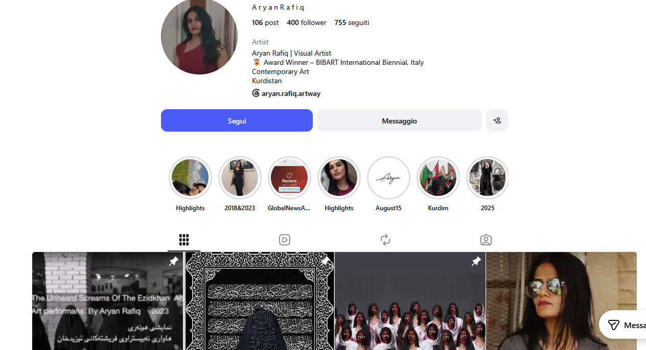 Account social di Aryan Rafiq: il primo reel è l'opera artistica