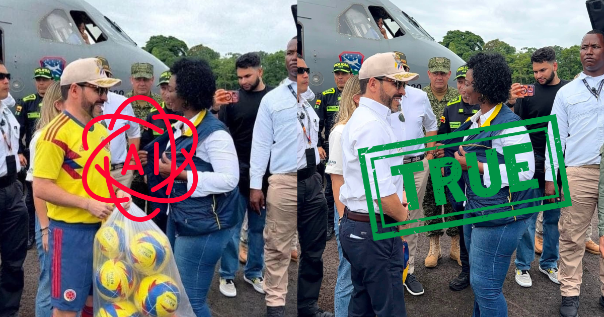 Questa foto del Presidente della Colombia in divisa da calciatore davanti ai terremotati è un falso con AI