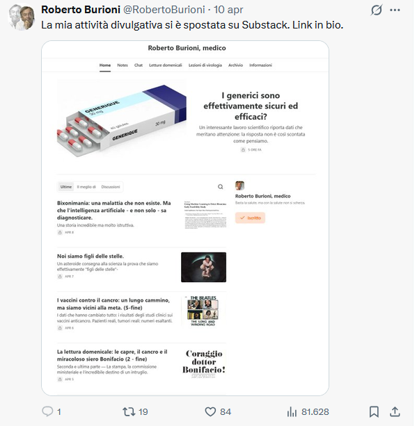 Ultimo post del virologo su X