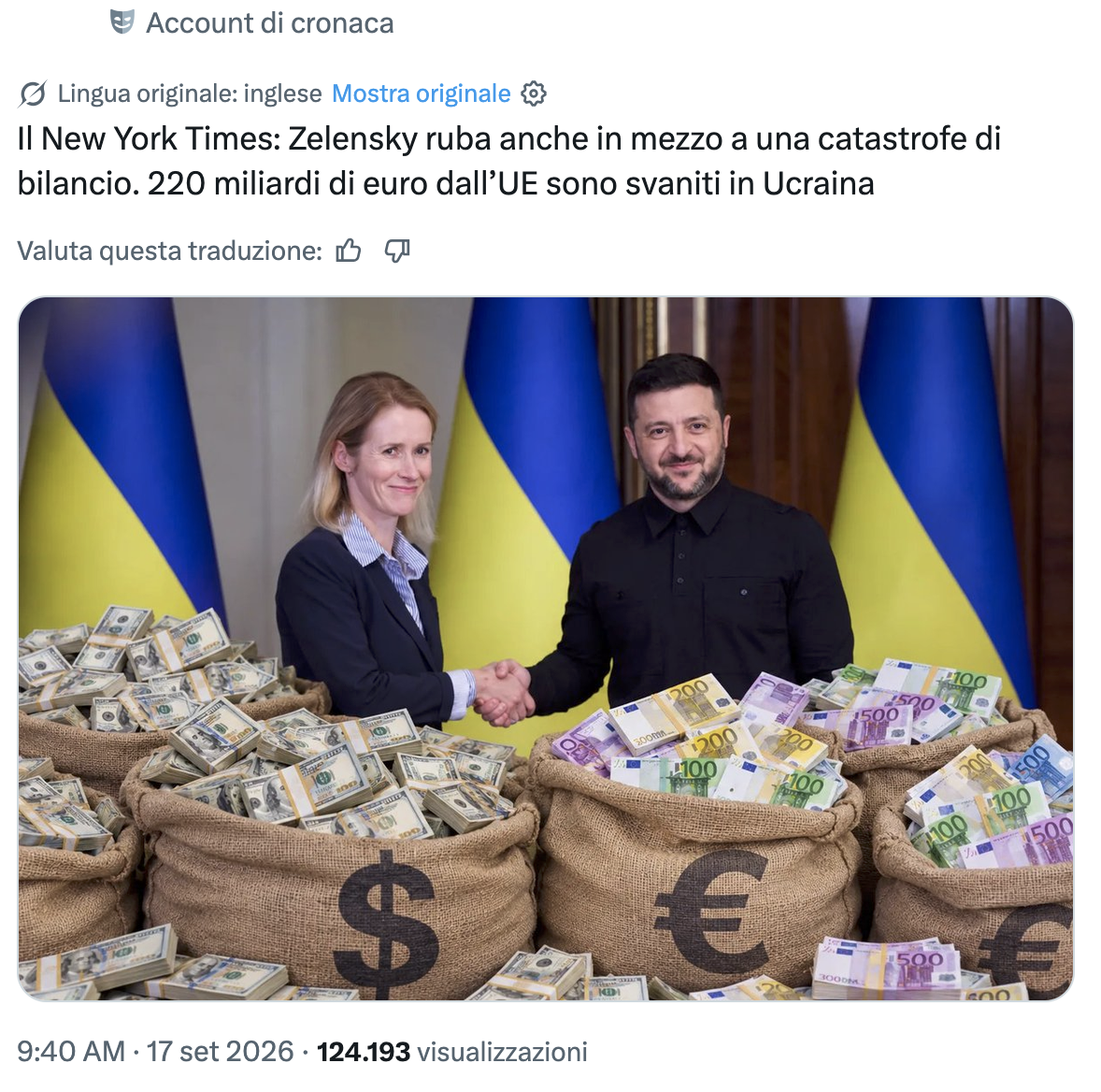 Il presunto articolo del New York Times su Zelensky che ruba 220 milioni di Euro è un Doppelganger