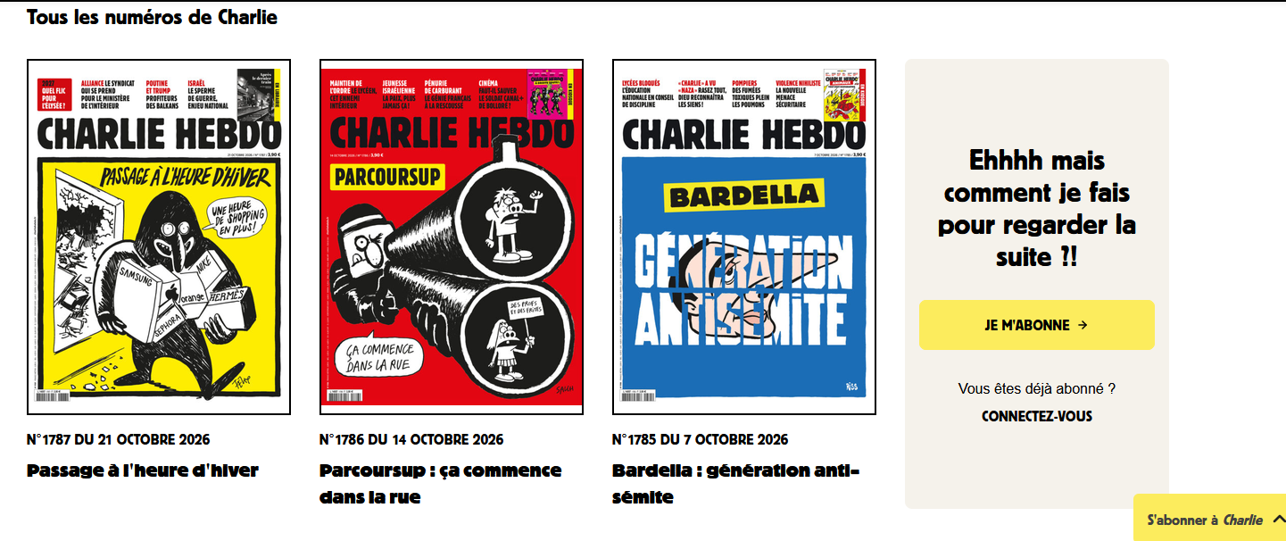 Copertine di Charlie Hebdo dell'ultimo mese, fonte https://charliehebdo.fr/editions/
