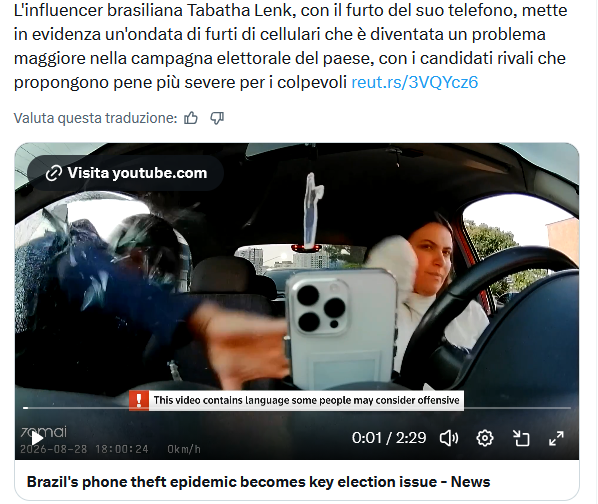 Il video dell'influencer Brasiliana derubata del cellulare a San Paolo alla luce della "Crisi dei cellulari"