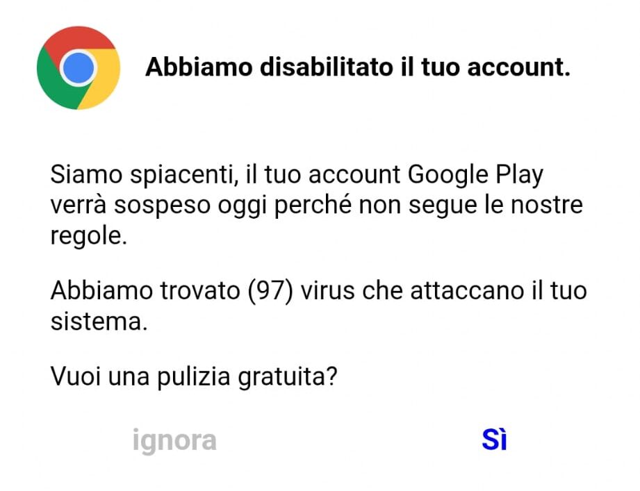 Il falso avviso di sicurezza che imita una schermata di Google per indurre l'utente a cliccare[cite: 1].