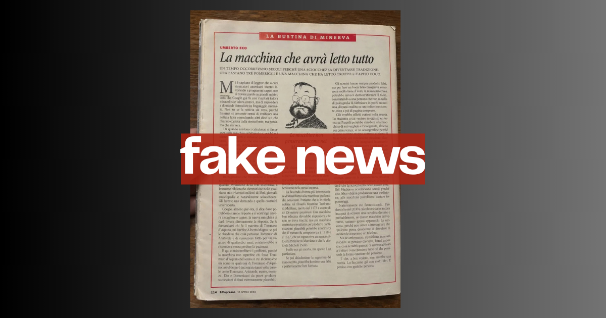 La Bustina di Umberto Eco contro l’Intelligenza Artificiale è un fake (creato con la IA)