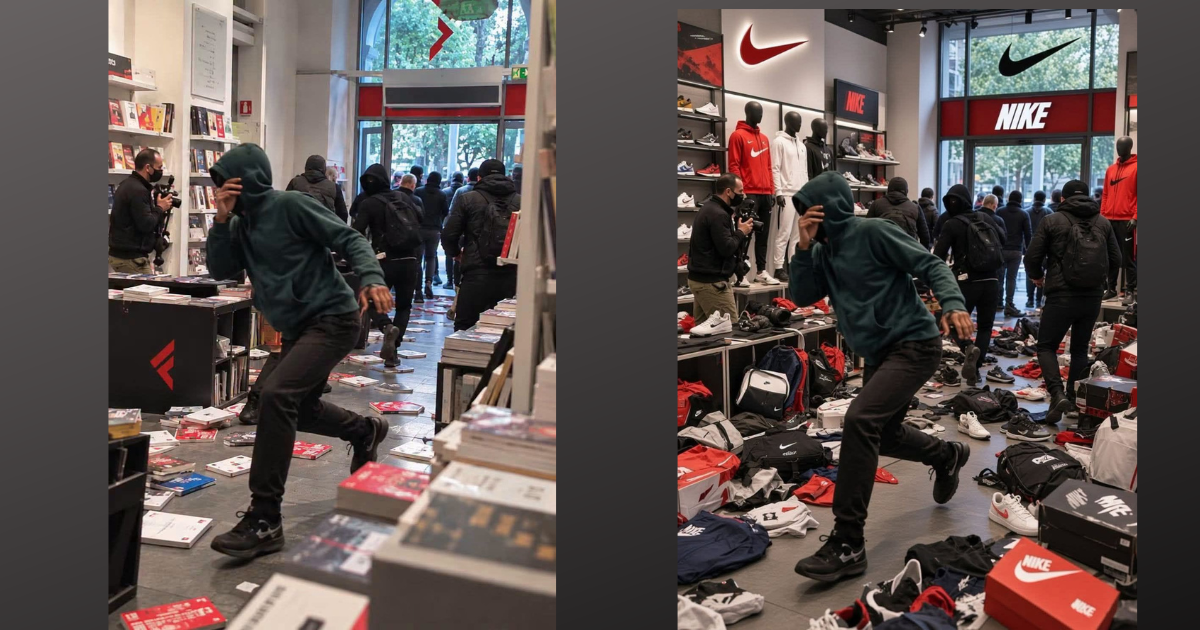 Le foto del manifestante bilocato che devasta Nike e Feltrinelli sono prodotto dell'AI